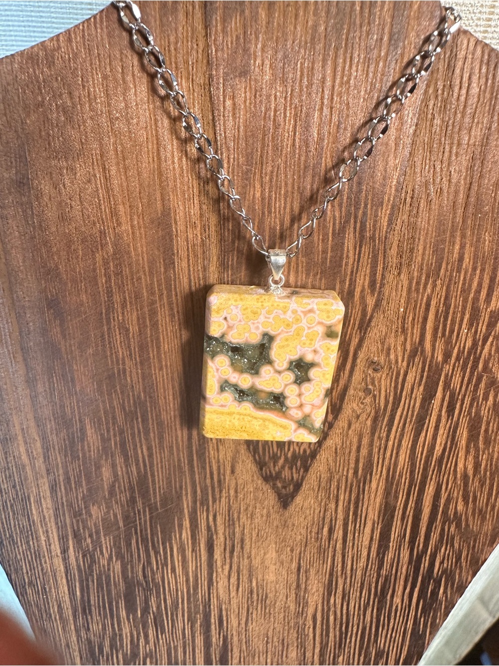 Yellow and Black Druzy Ocean Jasper Pendant Necklace on Stainless Steel Chain - Picture 11 of 16
